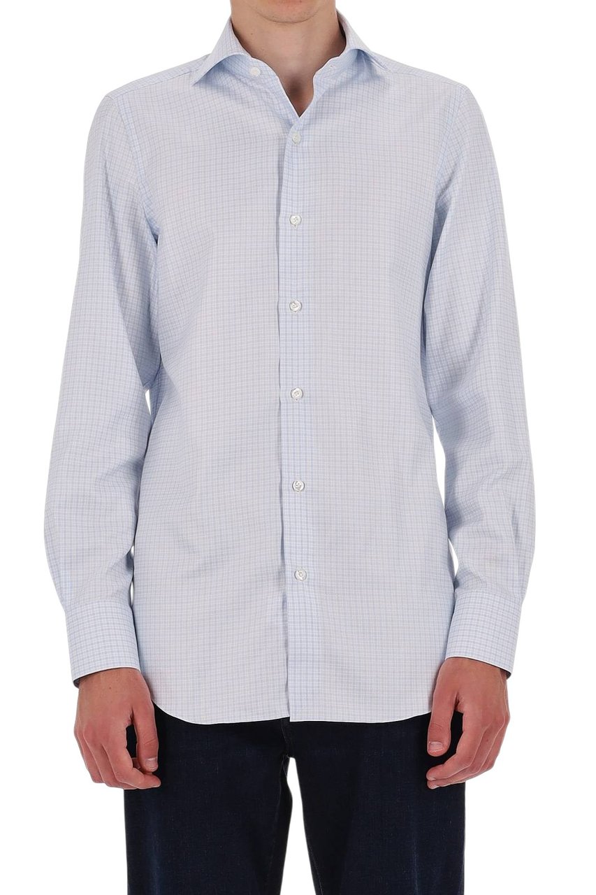 Finamore 1925 Napoli Milano Micro Check Cotton Shirt Blauw