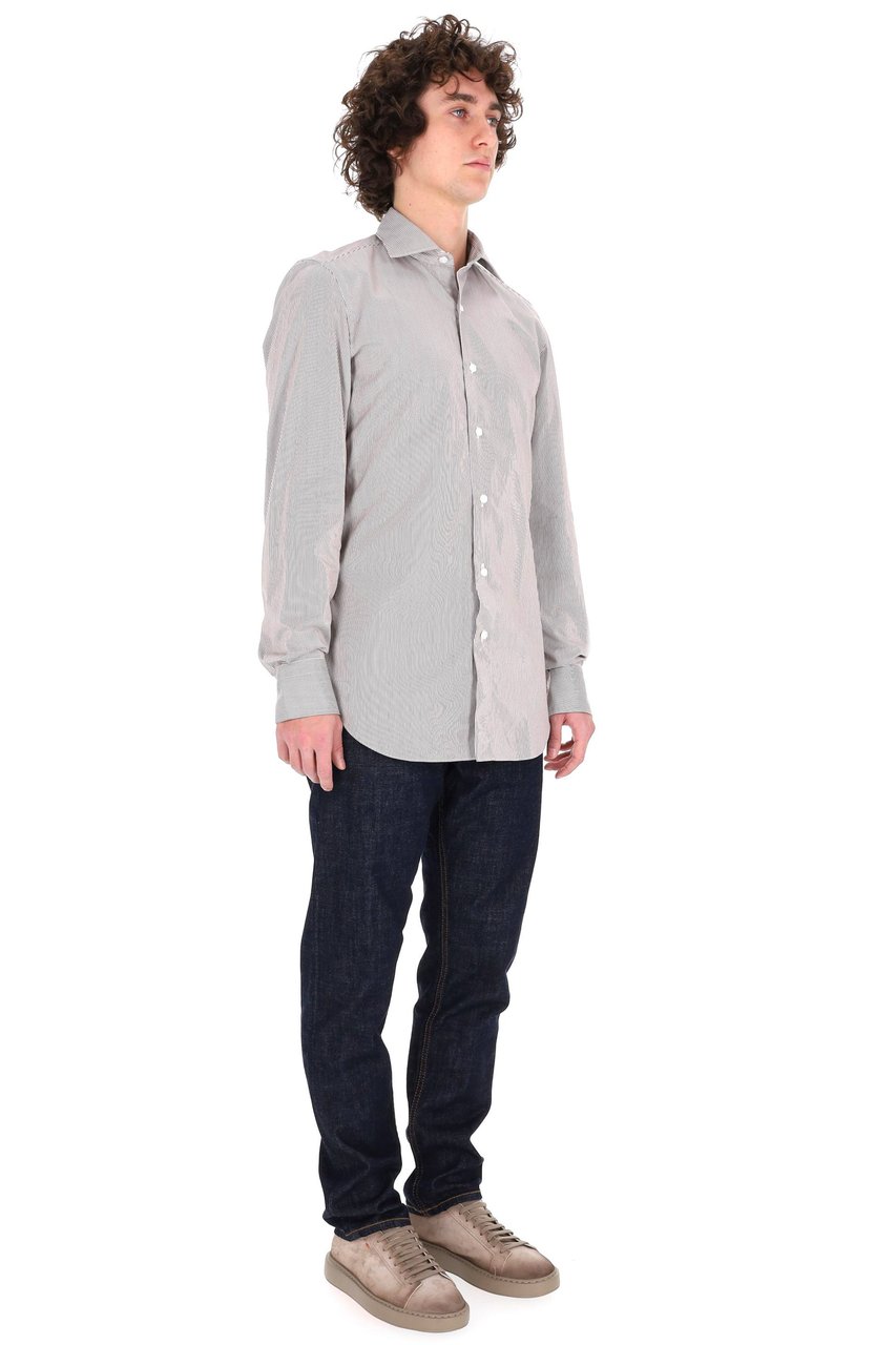 Finamore 1925 Napoli Twill 120'S Structured Tailored Shirt with Vertical Pinstripes Wit