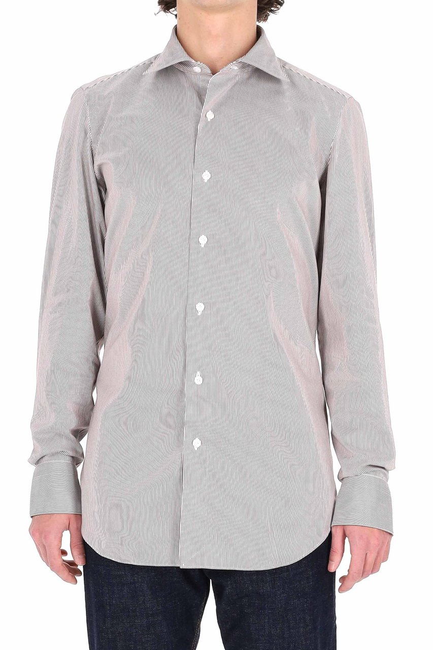 Finamore 1925 Napoli Twill 120'S Structured Tailored Shirt with Vertical Pinstripes Wit