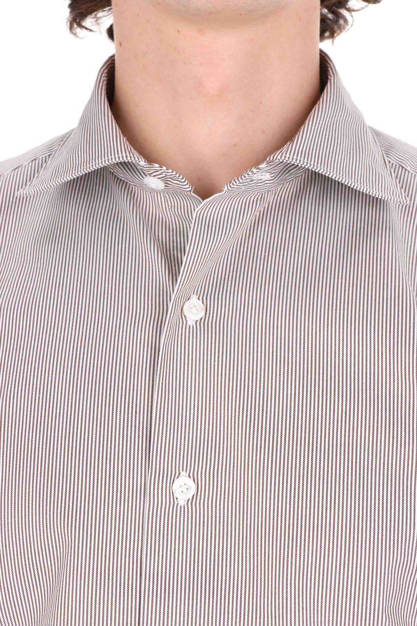 Finamore 1925 Napoli Twill 120'S Structured Tailored Shirt with Vertical Pinstripes Wit