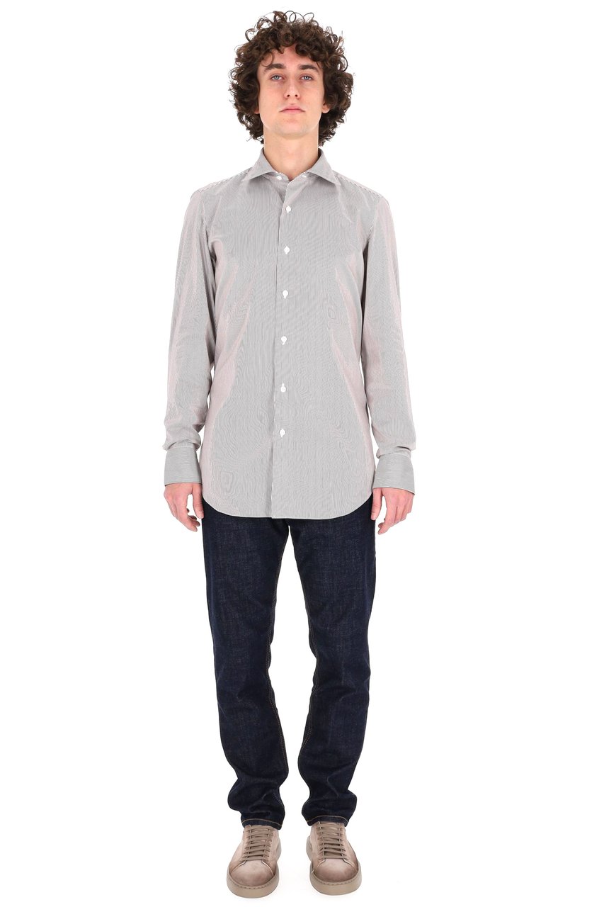 Finamore 1925 Napoli Twill 120'S Structured Tailored Shirt with Vertical Pinstripes Wit