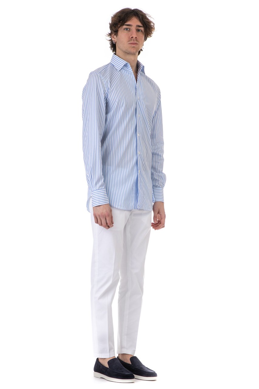 Finamore 1925 Napoli Ustica Collar Cotton-Linen Stripe Tailored Shirt Blauw