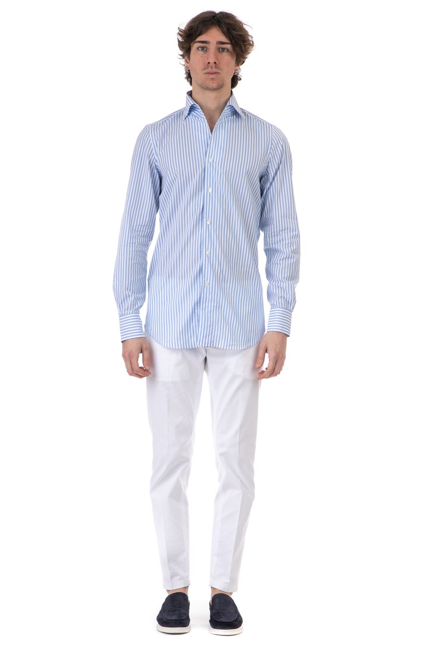 Finamore 1925 Napoli Ustica Collar Cotton-Linen Stripe Tailored Shirt Blauw