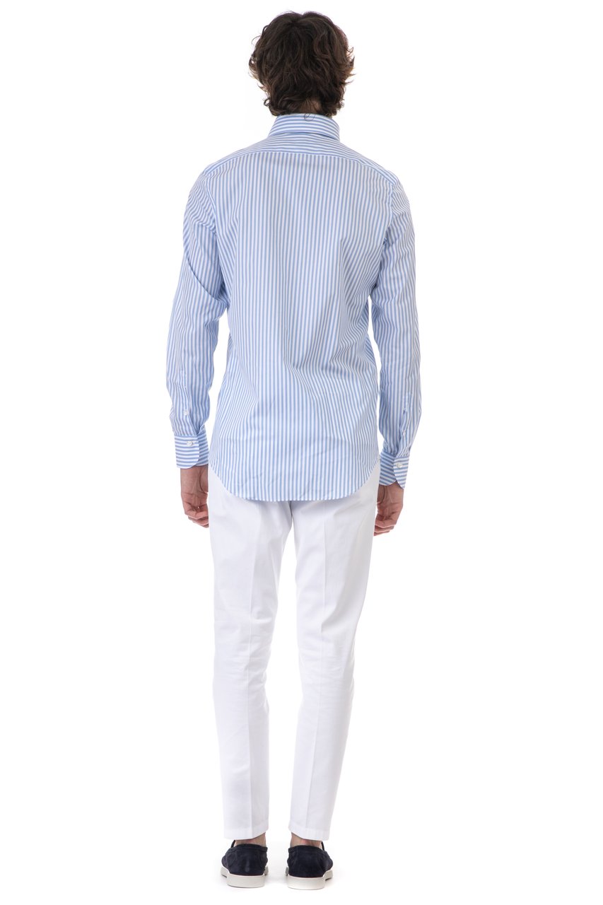 Finamore 1925 Napoli Ustica Collar Cotton-Linen Stripe Tailored Shirt Blauw