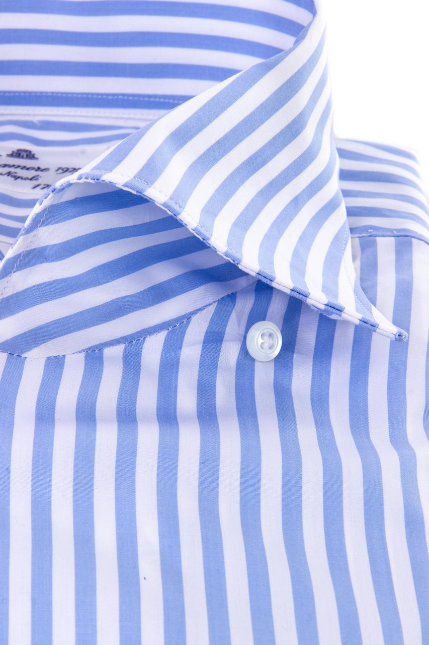 Finamore 1925 Napoli Ustica Collar Cotton-Linen Stripe Tailored Shirt Blauw
