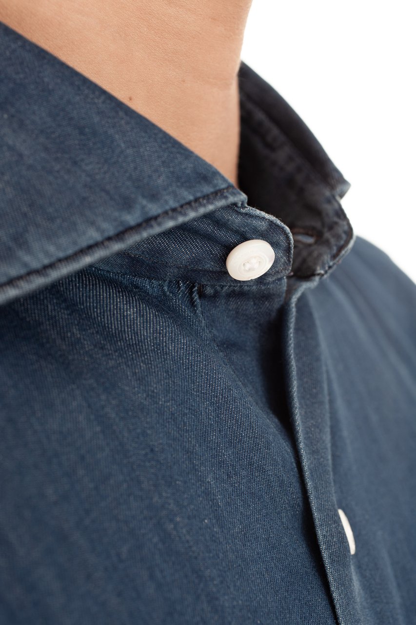 Finamore 1925 Napoli Twill Denim Tailored Shirt Milano Line Groen