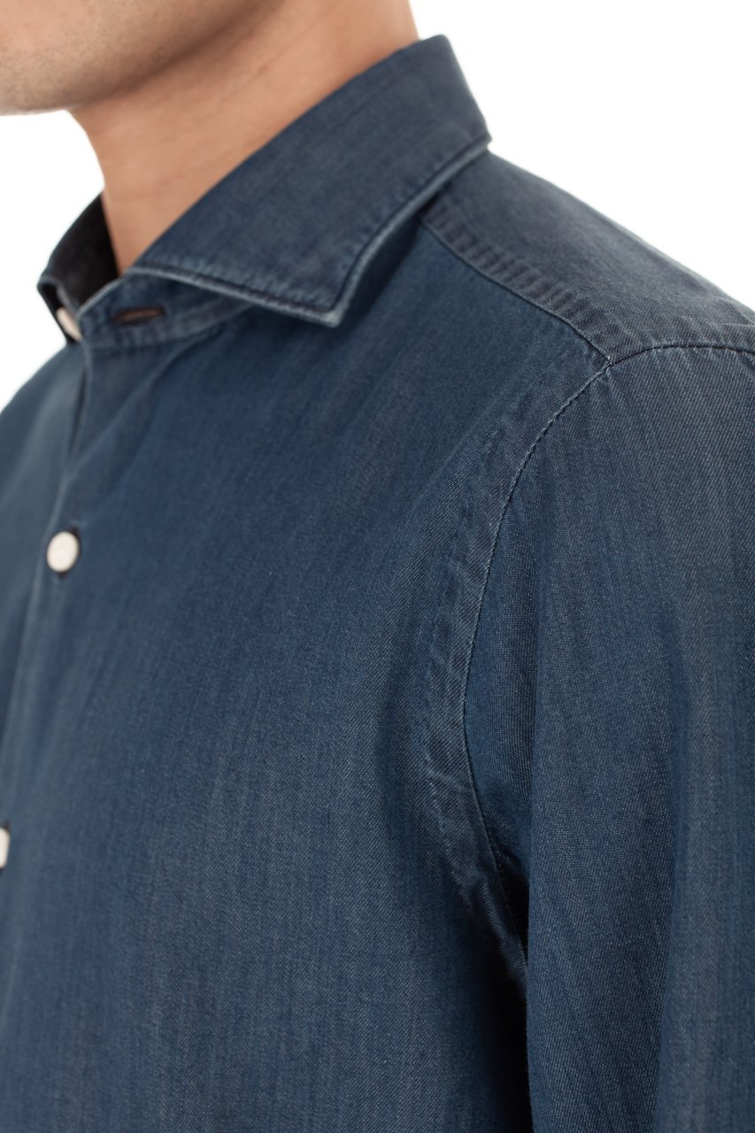 Finamore 1925 Napoli Twill Denim Tailored Shirt Milano Line Groen
