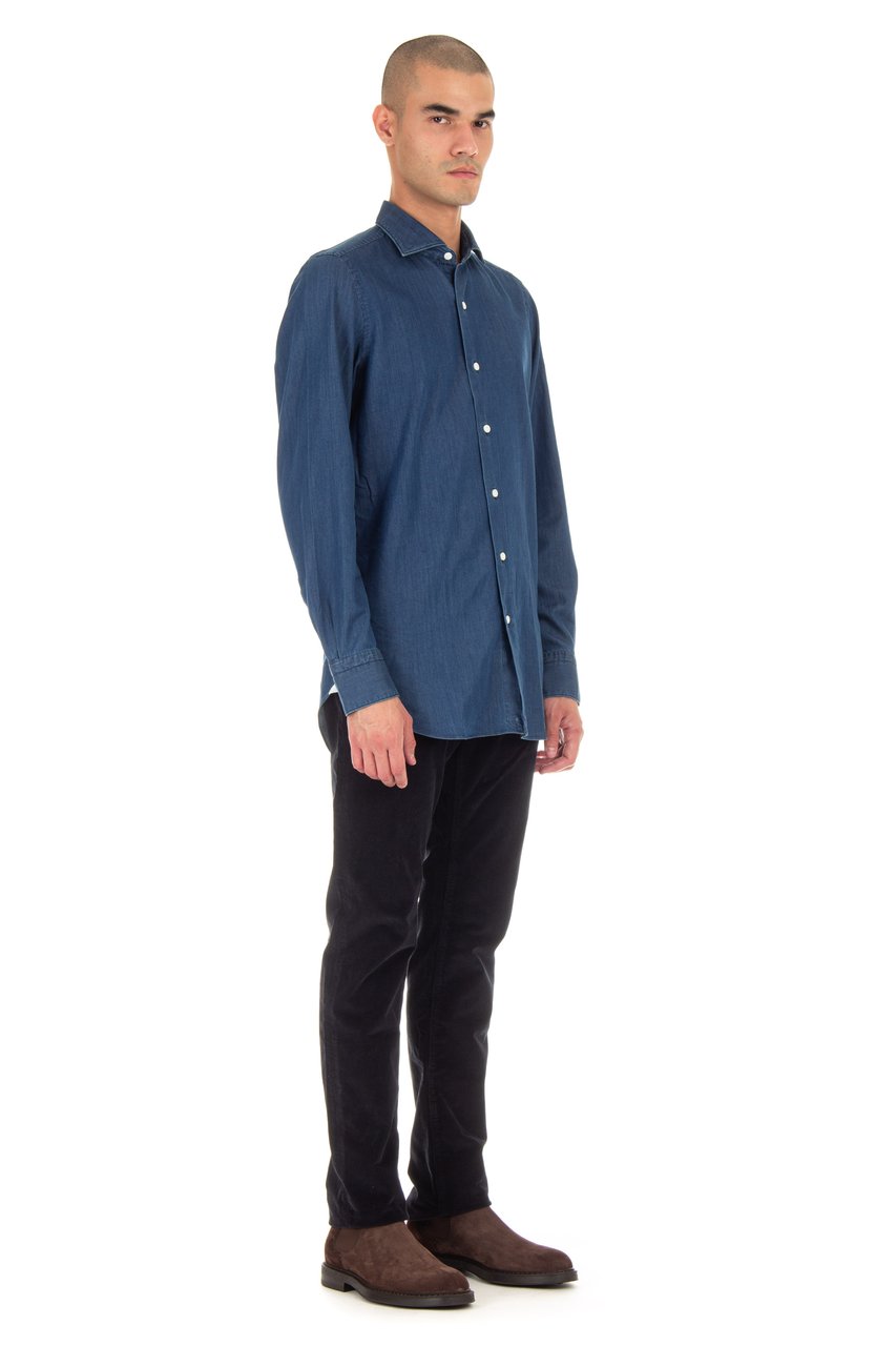 Finamore 1925 Napoli Twill Denim Tailored Shirt Milano Line Groen