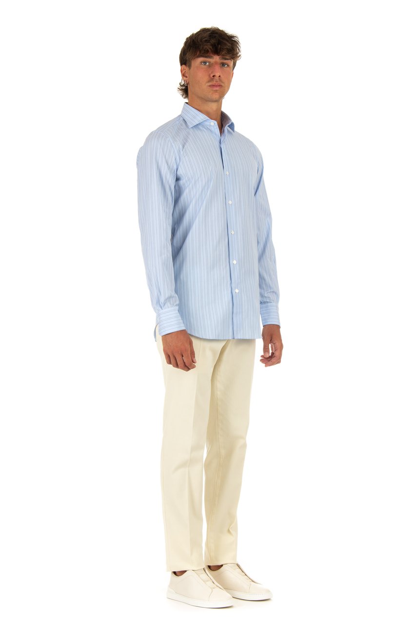 Finamore 1925 Napoli Striped Poplin Tailored Shirt Milano Line Blauw