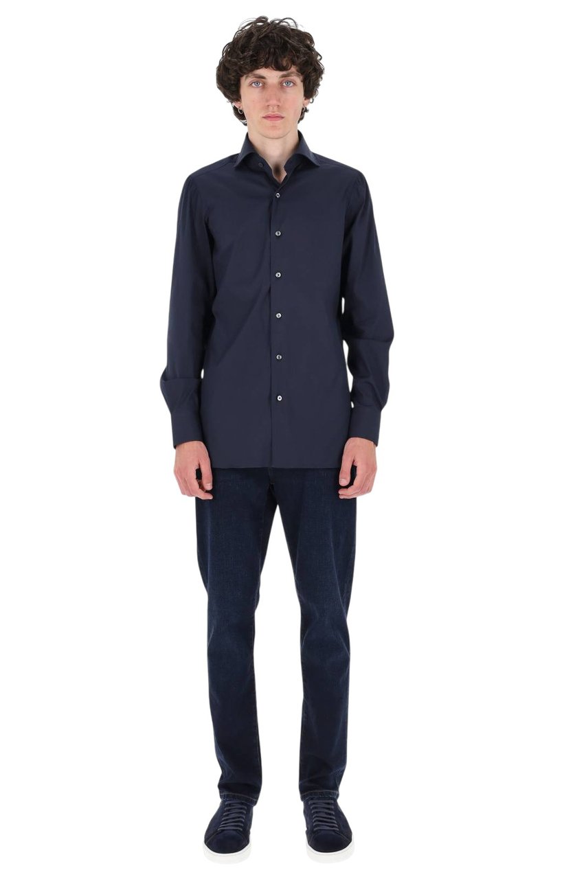 Finamore 1925 Napoli Napoli Poplin Stretch Cotton Shirt Blauw