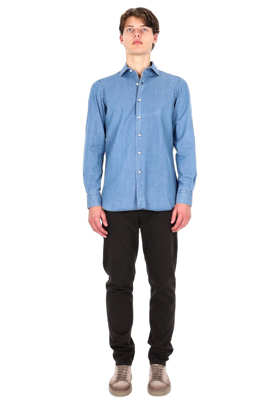 Finamore 1925 Napoli Napoli Line Washed Denim Tailored Shirt Blauw