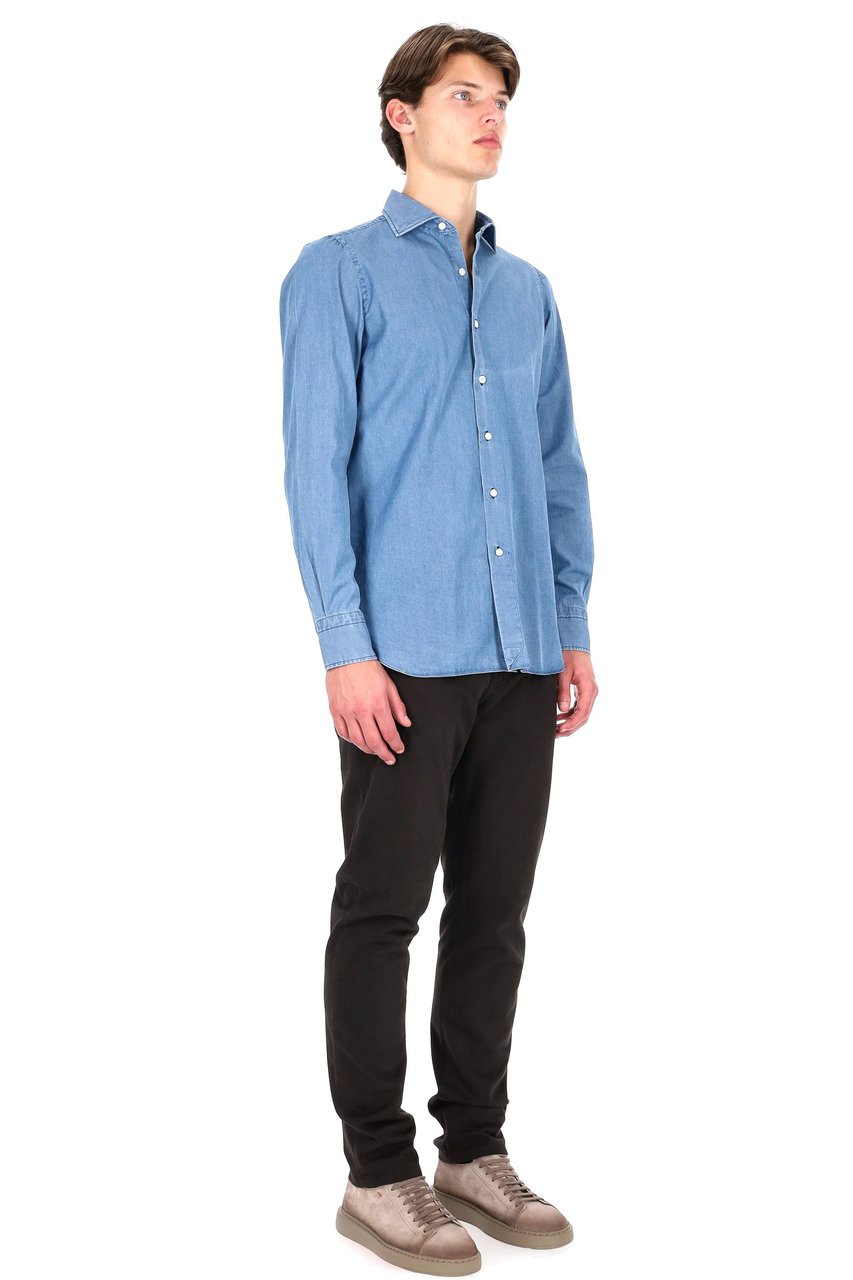 Finamore 1925 Napoli Napoli Line Washed Denim Tailored Shirt Blauw
