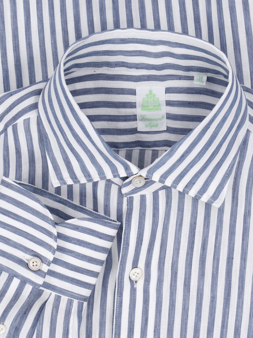 Finamore 1925 Napoli Blue Striped Classic Collar Linen Shirt Blauw