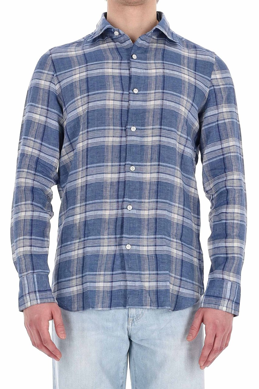 Finamore 1925 Napoli Tokyo Line Madras Pure Linen Tailored Shirt Grijs