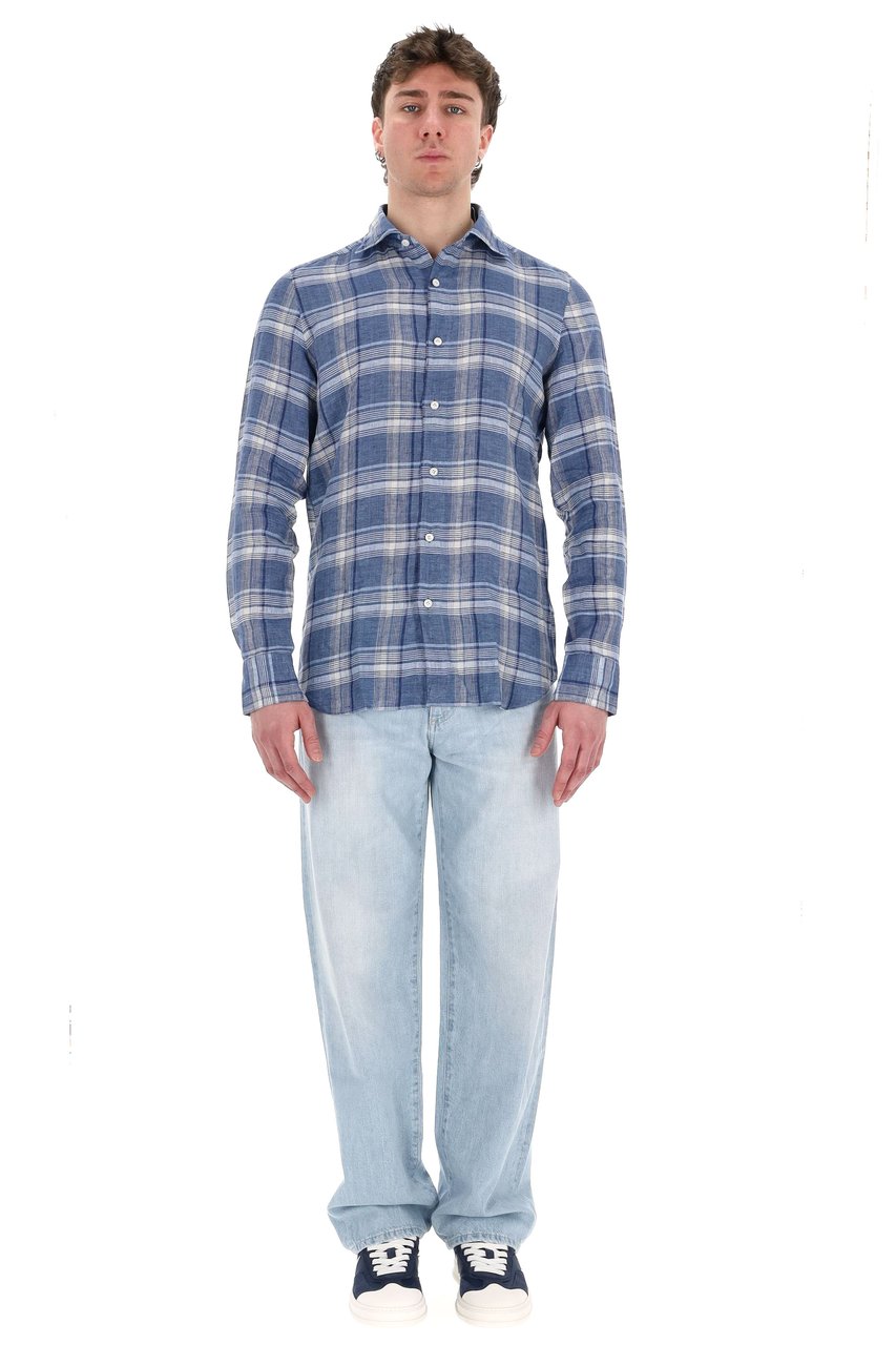 Finamore 1925 Napoli Tokyo Line Madras Pure Linen Tailored Shirt Grijs