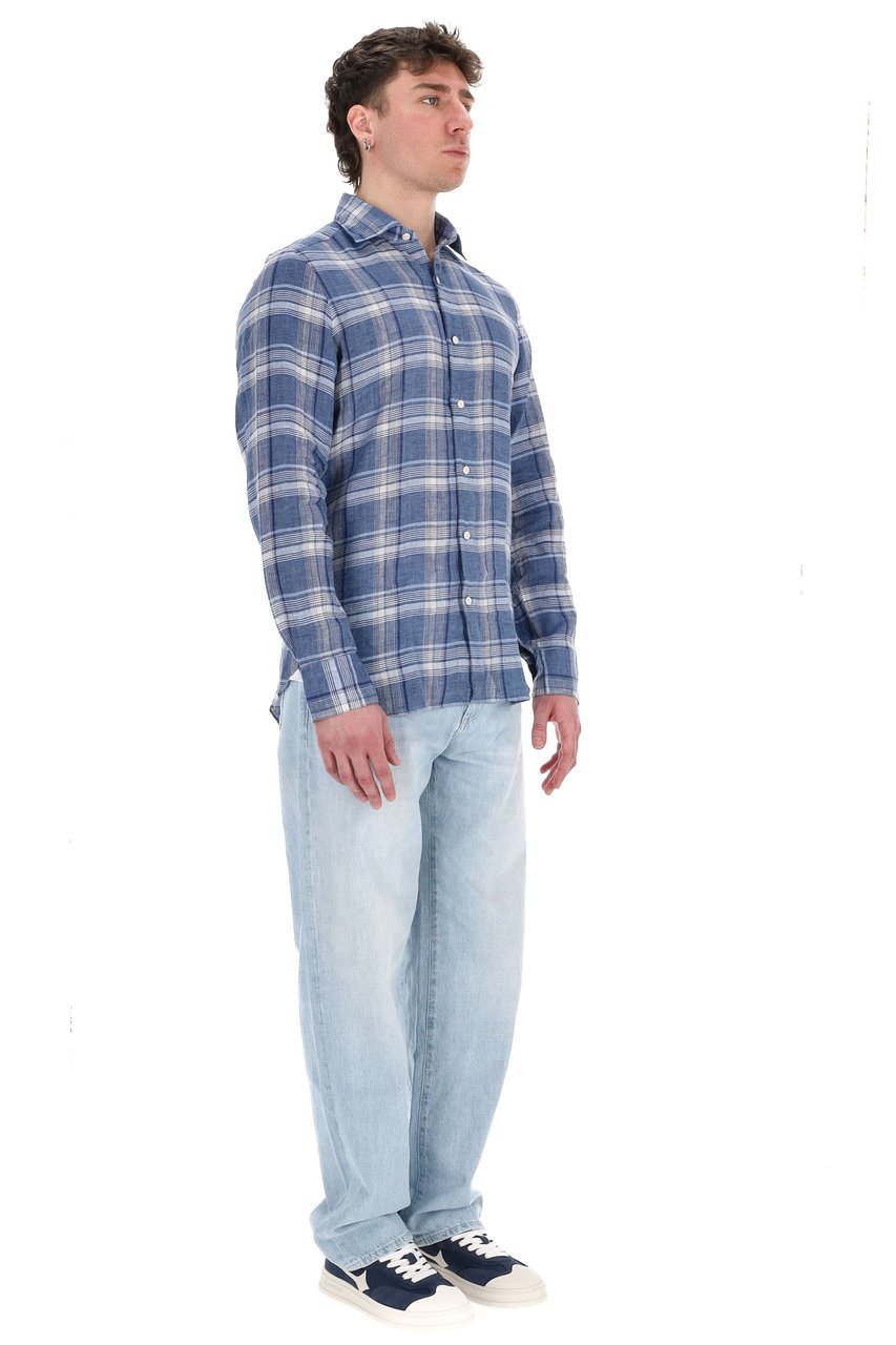 Finamore 1925 Napoli Tokyo Line Madras Pure Linen Tailored Shirt Grijs