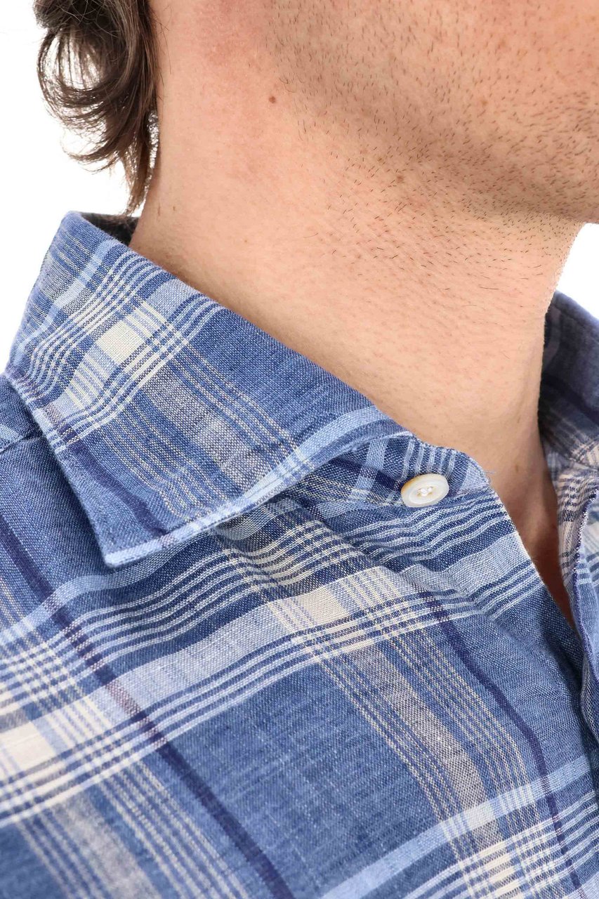 Finamore 1925 Napoli Tokyo Line Madras Pure Linen Tailored Shirt Grijs