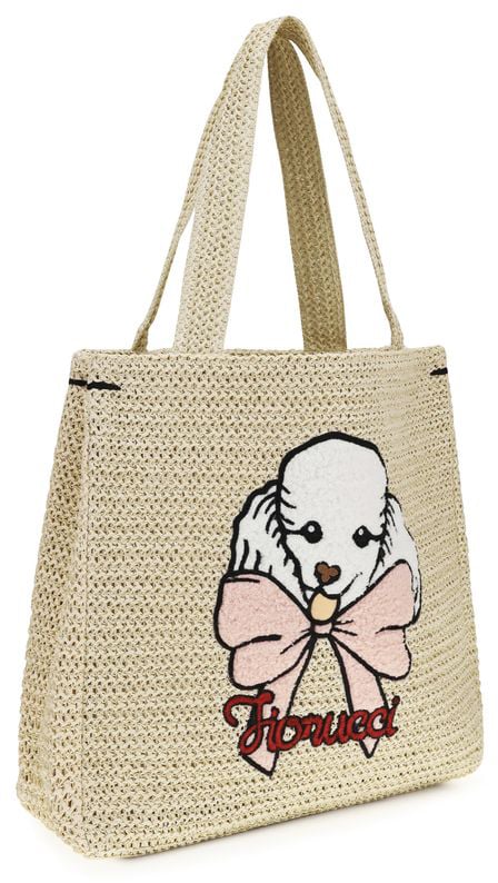 Fiorucci Textured Beige Woven Tote Bag With Poodle Embroidery Neutraal