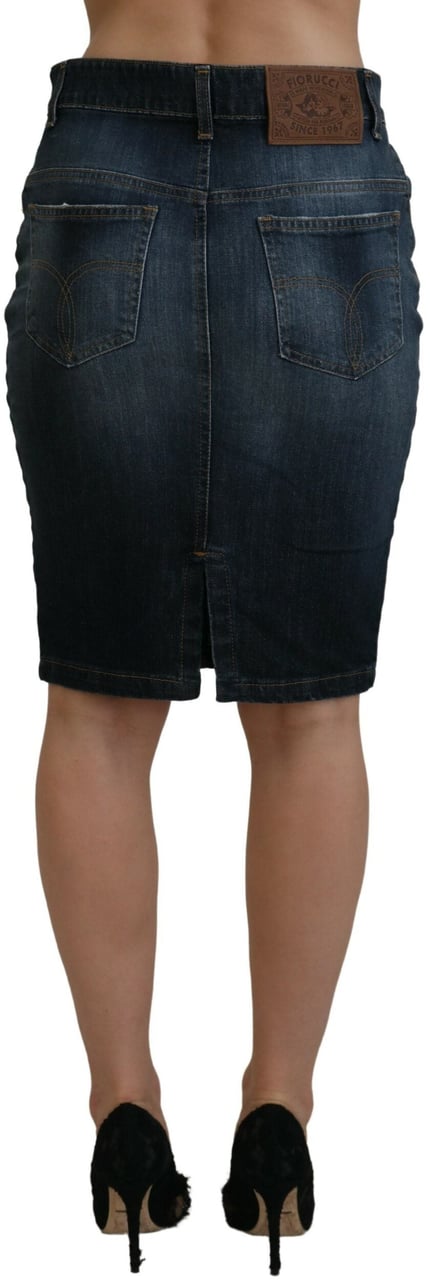 Fiorucci Dark Blue Washed Mid Waist Pencil Cut Denim Skirt Blauw