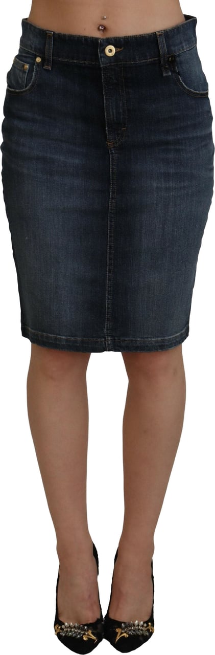 Fiorucci Dark Blue Washed Mid Waist Pencil Cut Denim Skirt Blauw