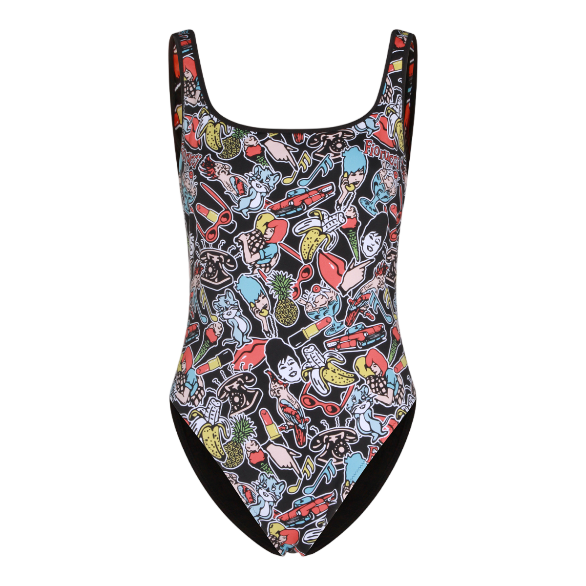 Fiorucci Vibrant Cartoon Print One-Piece Swimsuit Zwart