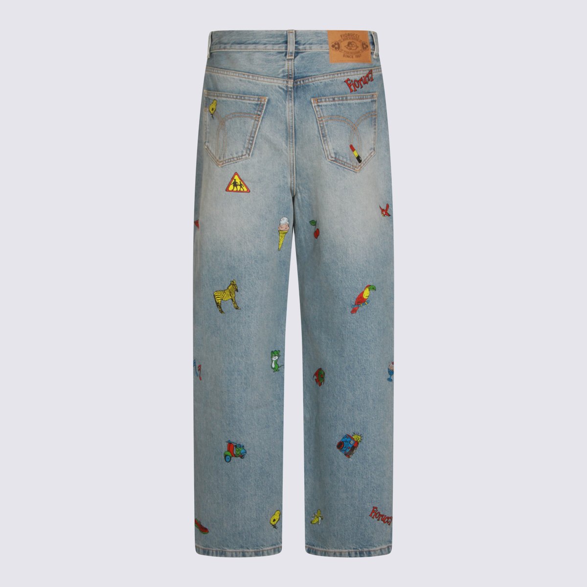 Fiorucci Light Blue Denim Jeans With Playful Embroidery And Relaxed Fit Blauw
