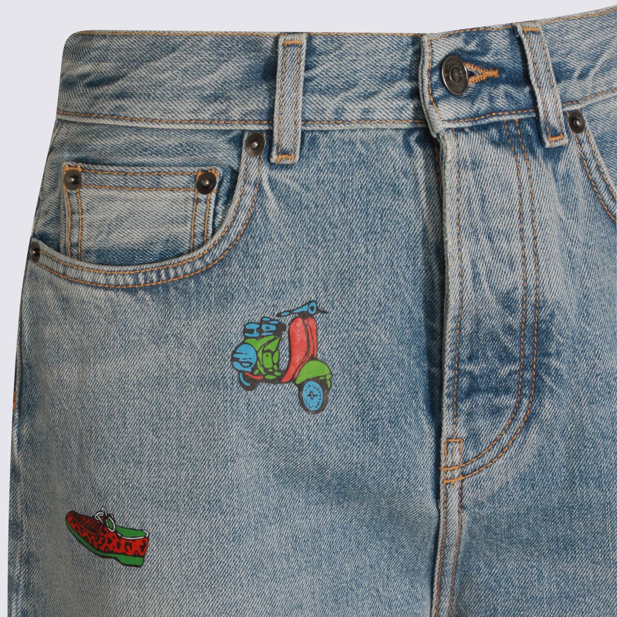 Fiorucci Light Blue Denim Jeans With Playful Embroidery And Relaxed Fit Blauw