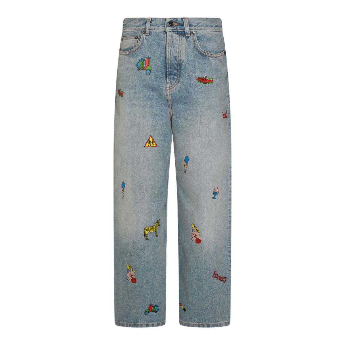 Fiorucci Light Blue Denim Jeans With Playful Embroidery And Relaxed Fit Blauw