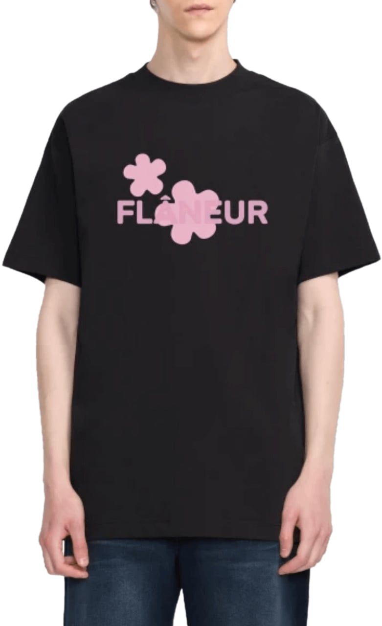FLÂNEUR Biologisch bloemen T-shirt ZWART/ROZE Zwart