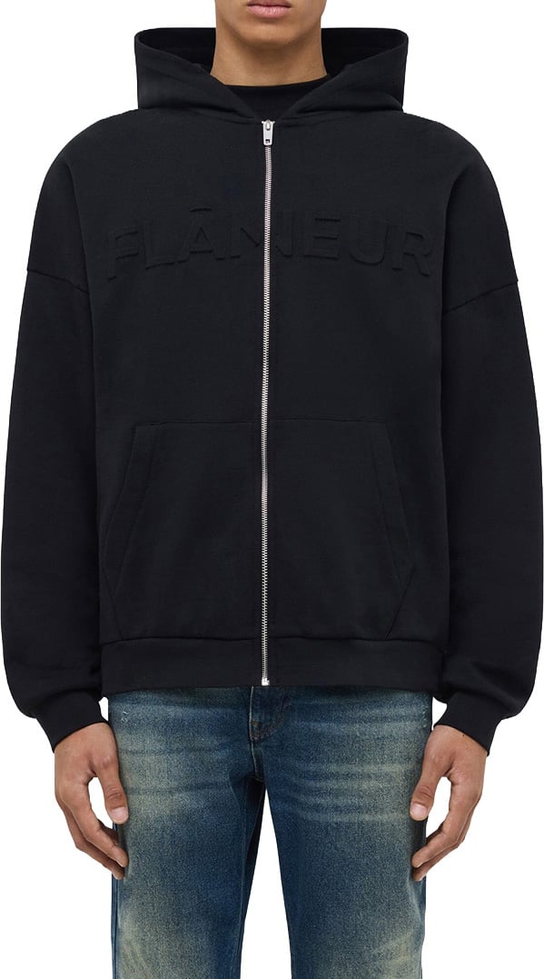 FLÂNEUR Embossed Zip-Up Hoodie | Black Zwart