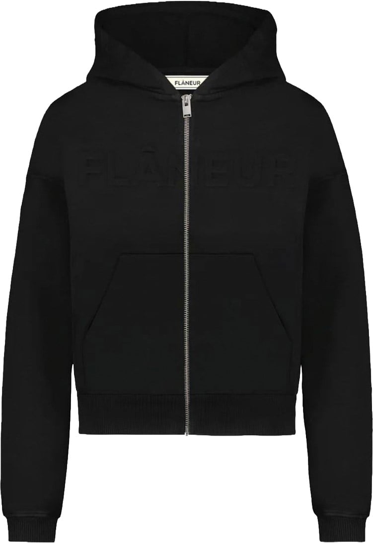 FLÂNEUR Embossed Zip-Up Hoodie | Black Zwart