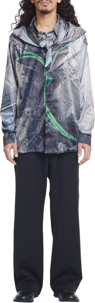 FLÂNEUR Hooded Street Image Viscose Shirt | Multi Divers