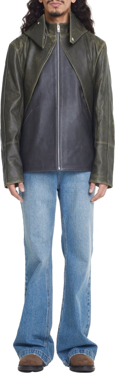 FLÂNEUR Leather Balaclava Jacket | Green/Brown Groen