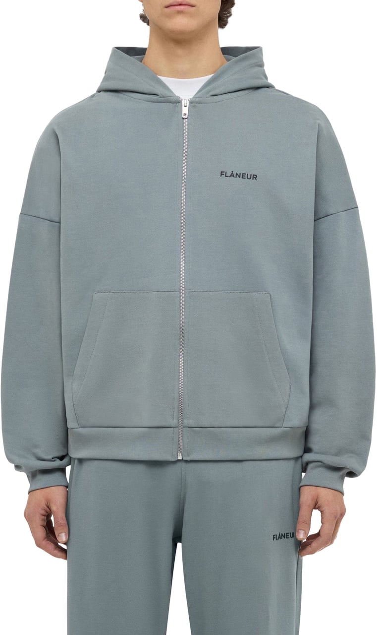FLÂNEUR Logo Zip-Up Hoodie | Steel Green Groen