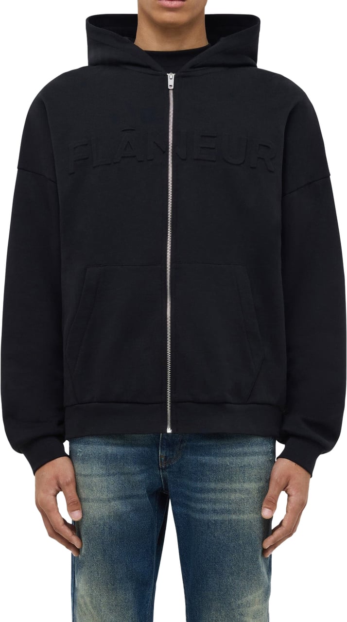 FLÂNEUR Embossed Zip-Up Hoodie | Black Zwart
