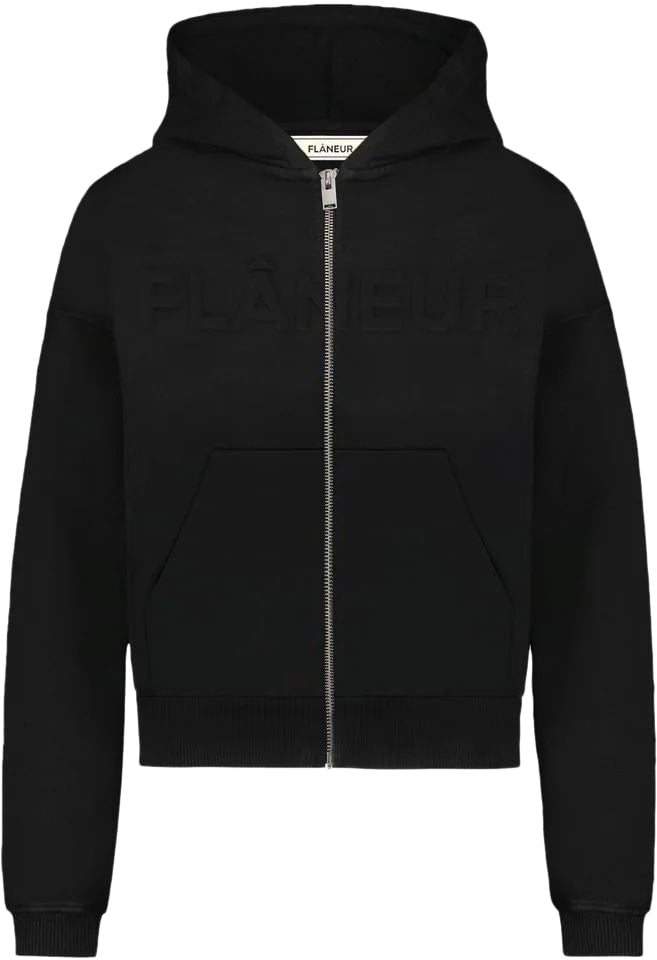 FLÂNEUR Embossed Zip-Up Hoodie | Black Zwart