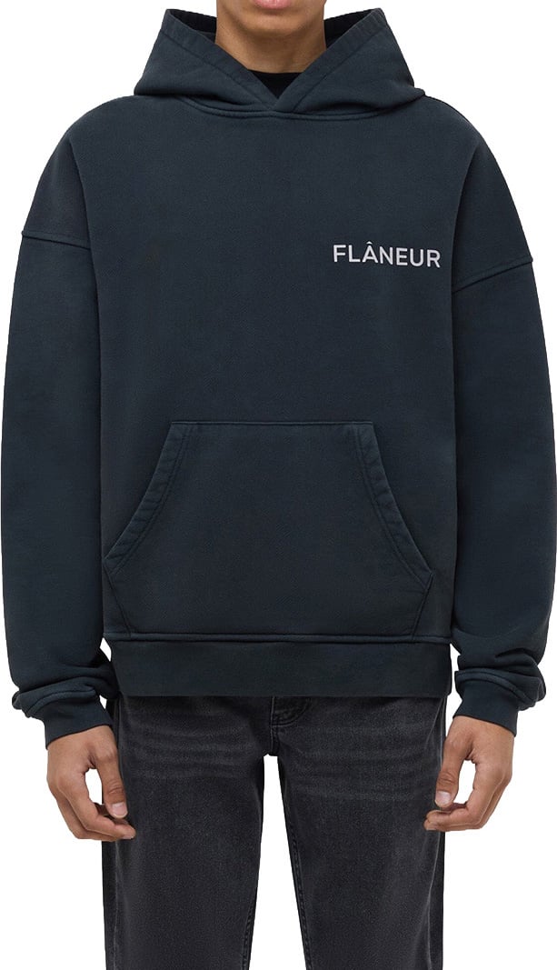 FLÂNEUR Double Logo Washed Hoodie (500GSM) | Black Zwart