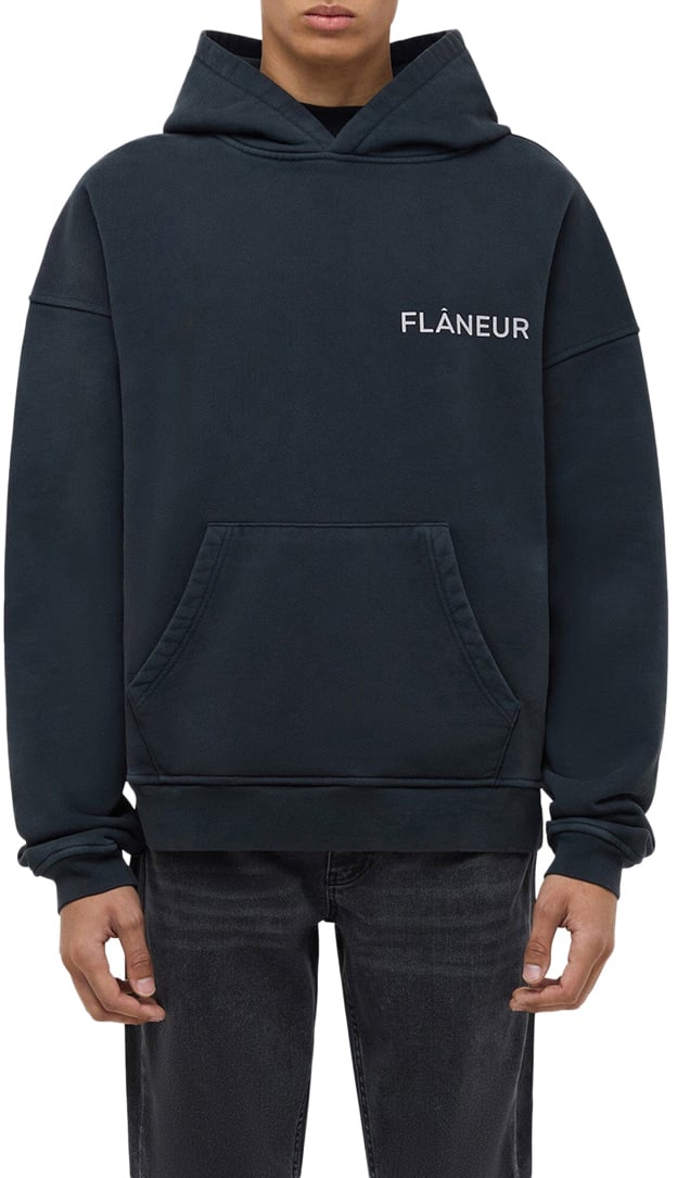 FLÂNEUR Double Logo Washed Hoodie (500GSM) | Black Zwart