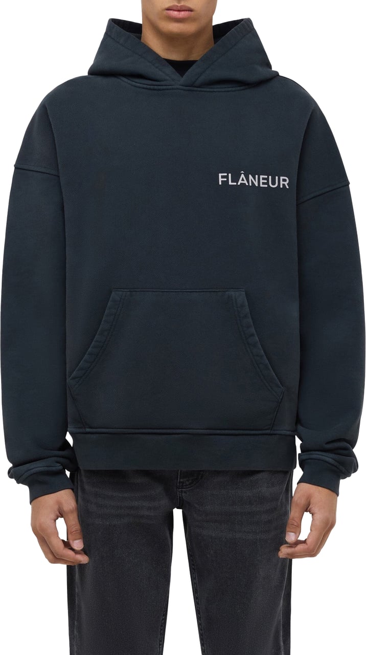 FLÂNEUR Double Logo Washed Hoodie (500GSM) | Black Zwart