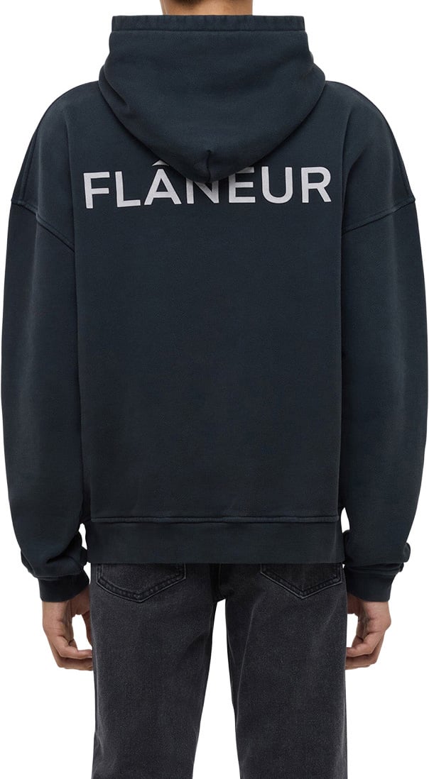 FLÂNEUR Double Logo Washed Hoodie (500GSM) | Black Zwart