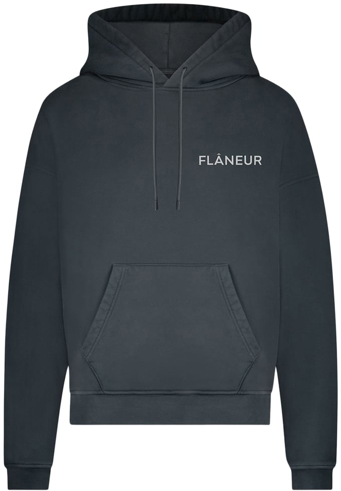 FLÂNEUR Double Logo Washed Hoodie (500GSM) | Black Zwart