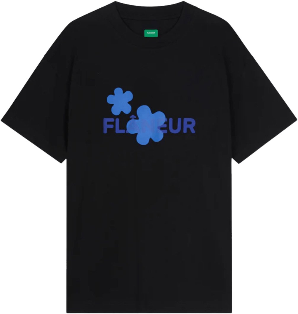 FLÂNEUR Organic Flower T-Shirt BLACK/BLUE Zwart