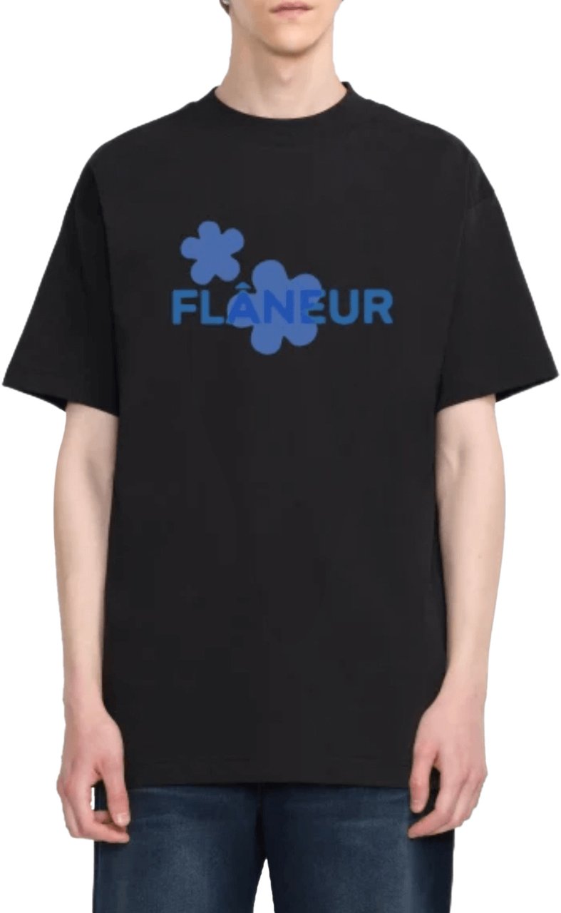 FLÂNEUR Organic Flower T-Shirt BLACK/BLUE Zwart