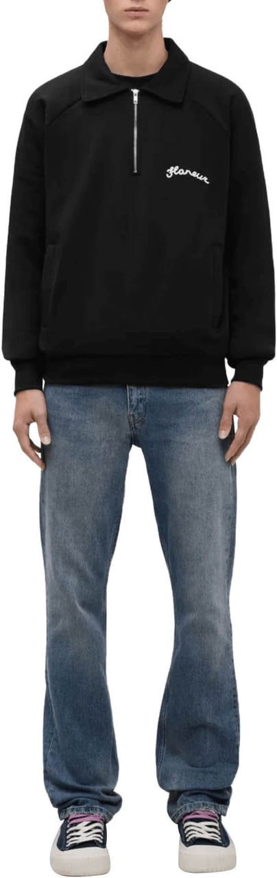 FLÂNEUR SIGNATURE LOGO RAGLAN HALF ZIP POLO SHIRT BLACK Zwart