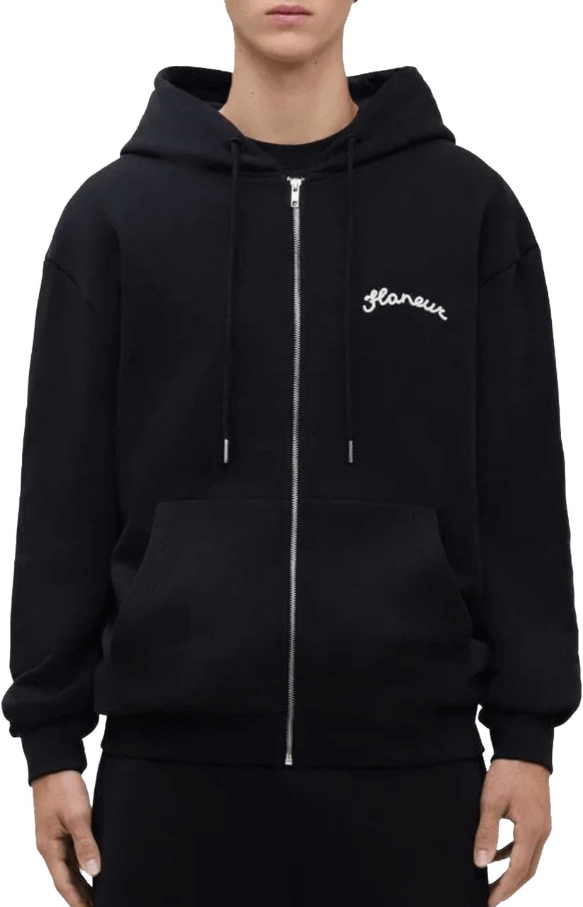 FLÂNEUR SIGNATURE LOGO ZIP THROUGH HOODIE BLACK Zwart