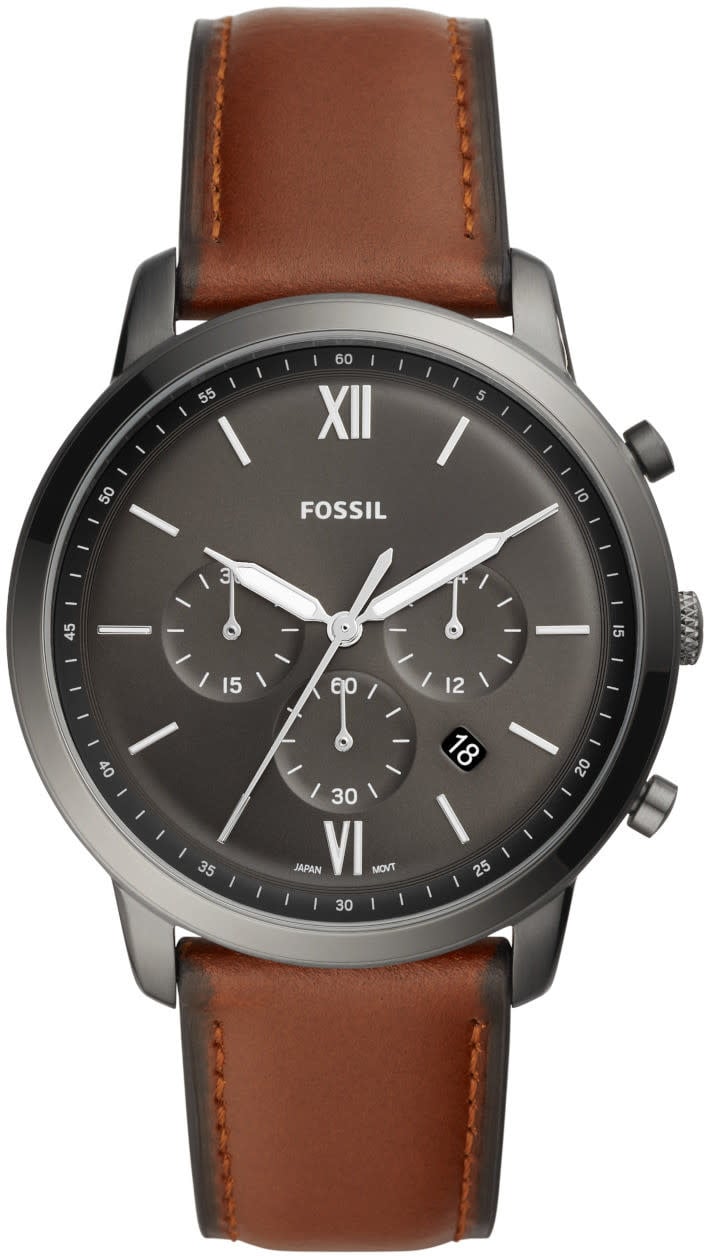 Fossil Fossil FS5512 Horloge Heren Staal zwart met bruin leren band Beige