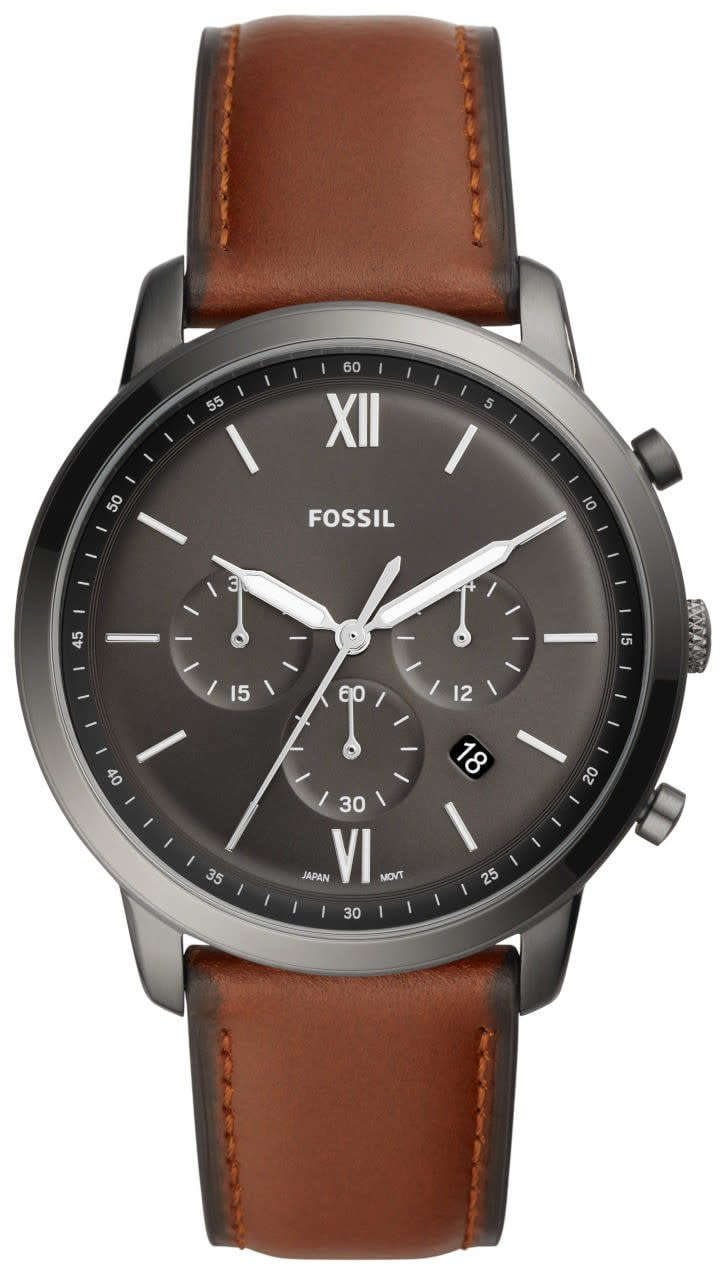 Fossil Fossil FS5512 Horloge Heren Staal zwart met bruin leren band Beige