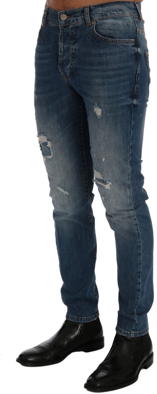 Frankie Morello Blue Wash Torn Dunfermile Slim Fit Jeans Blauw