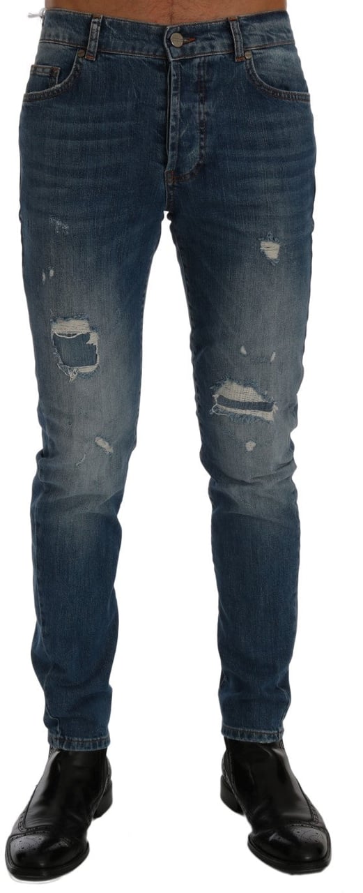 Frankie Morello Blue Wash Torn Dunfermile Slim Fit Jeans Blauw