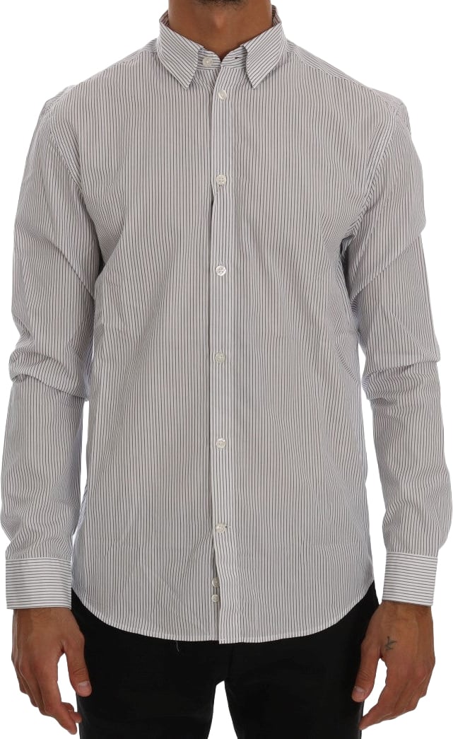 Frankie Morello White Blue Striped Casual Cotton Regular Fit Shirt Blauw